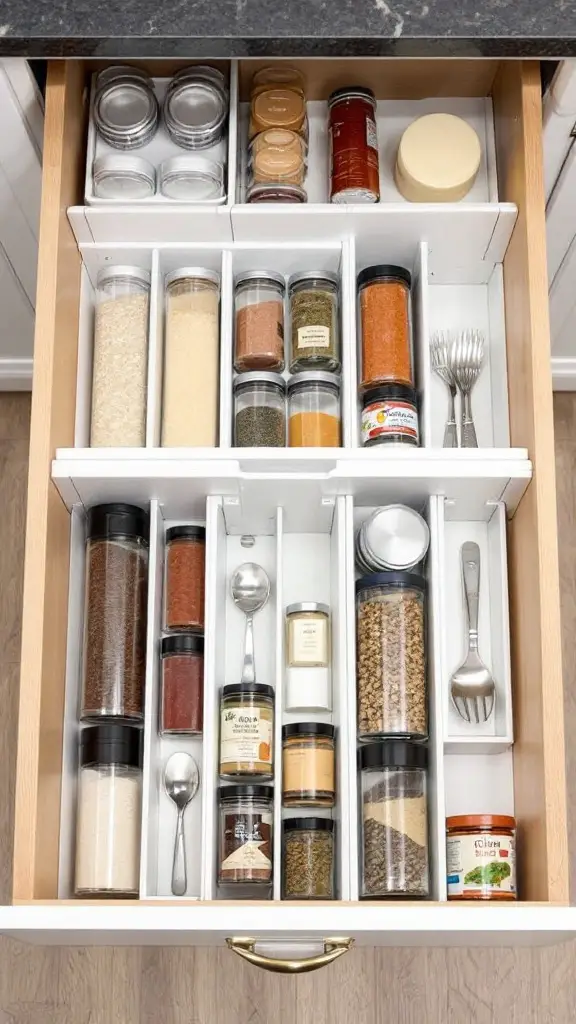 Organized spice drawer with various jars and inserts.