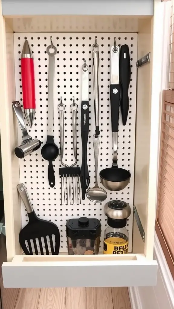 Organized kitchen tools on a pegboard in a drawer