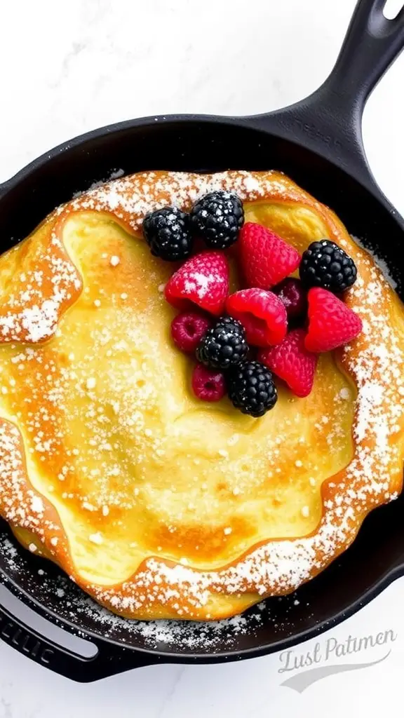 A Dutch baby pancake topped with fresh berries and powdered sugar in a black skillet.