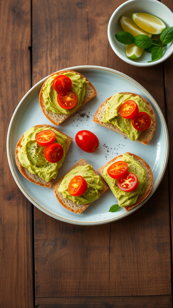 Plate of avocado crispbreads topped with cherry tomatoes and lemon slices