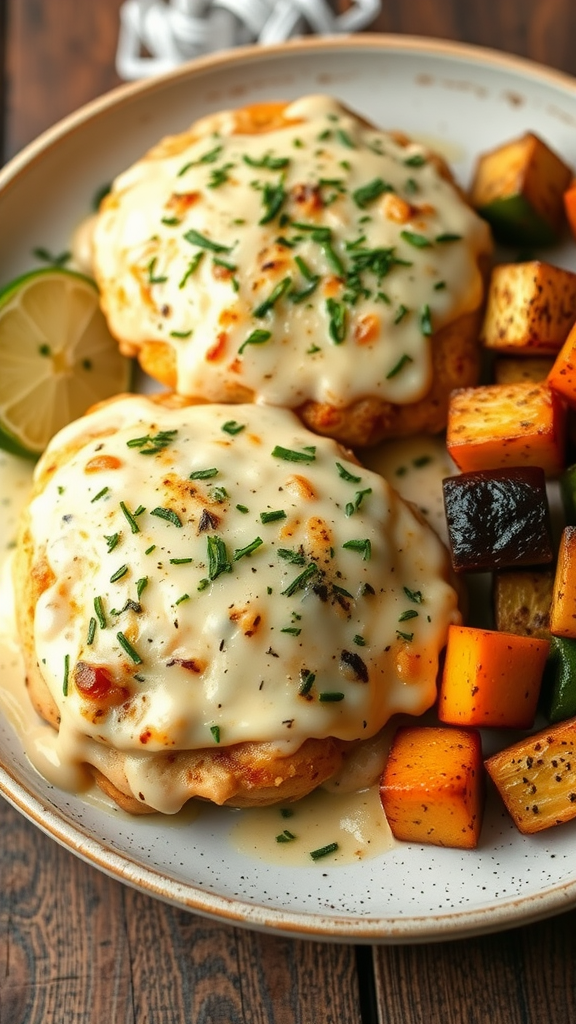 Plate of easy cream cheese chicken with sauce and colorful roasted vegetables