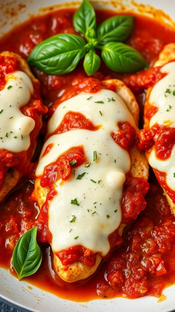 A plate of mozzarella chicken topped with marinara sauce and basil