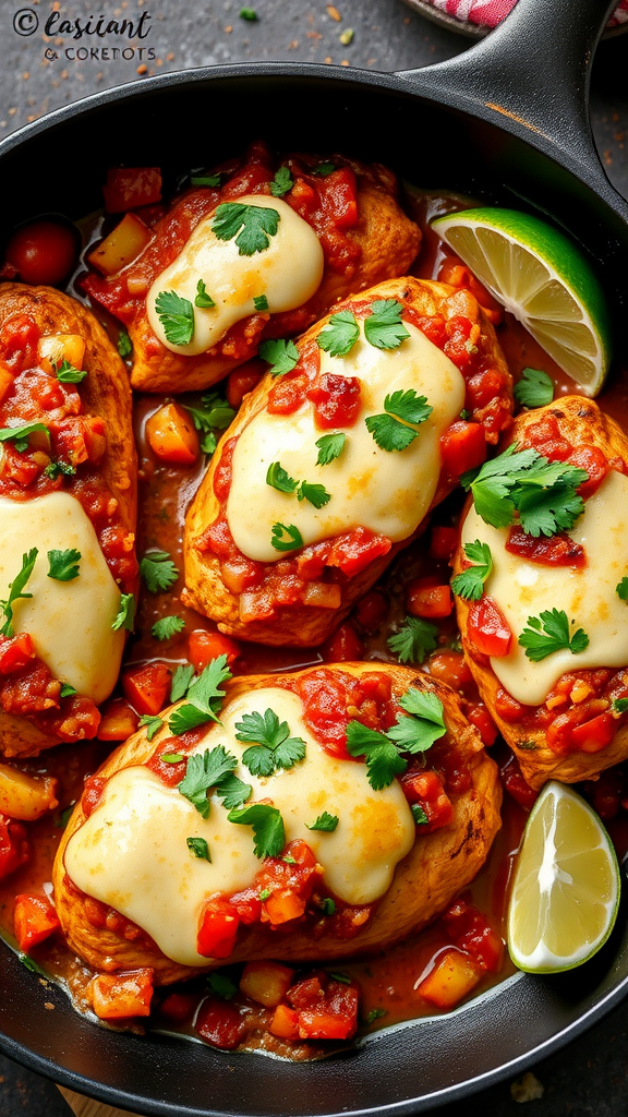 A skillet filled with salsa chicken topped with melted cheese and garnished with cilantro.