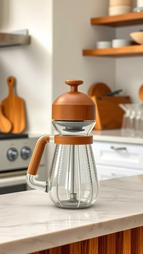 A stylish coffee maker with a glass body and wooden accents on a kitchen countertop.