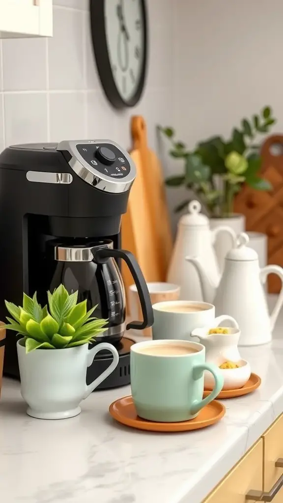 A stylish coffee station with a modern coffee maker, colorful cups, and a small plant.