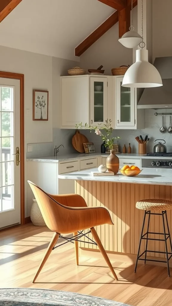 A Hans Wegner Shell Chair in a cozy kitchen with wooden floors and light coming through the doors.