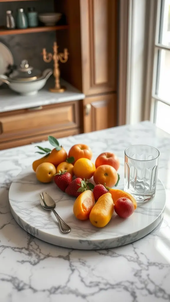 A marble serving tray with assorted fruits and a glass on a kitchen table.