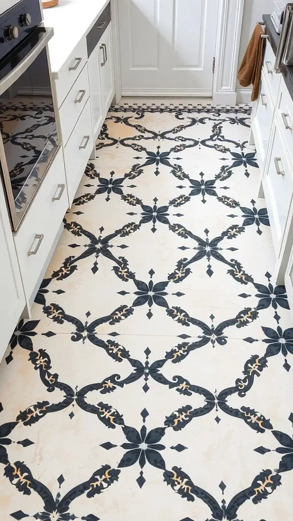 Stylish kitchen floor with black and cream monochrome tiles featuring intricate patterns.