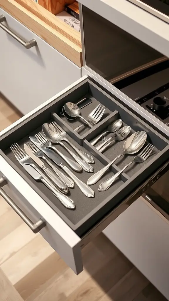 Image of an expandable cutlery tray with various utensils organized in a kitchen drawer.