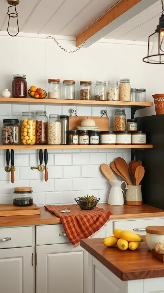 A cozy farmhouse kitchen featuring open shelving filled with mason jars, wooden accents, and fresh fruits.