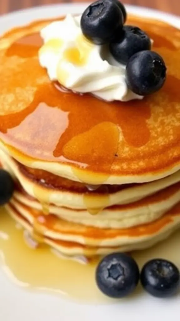 Fluffy vanilla pancakes topped with blueberries and syrup