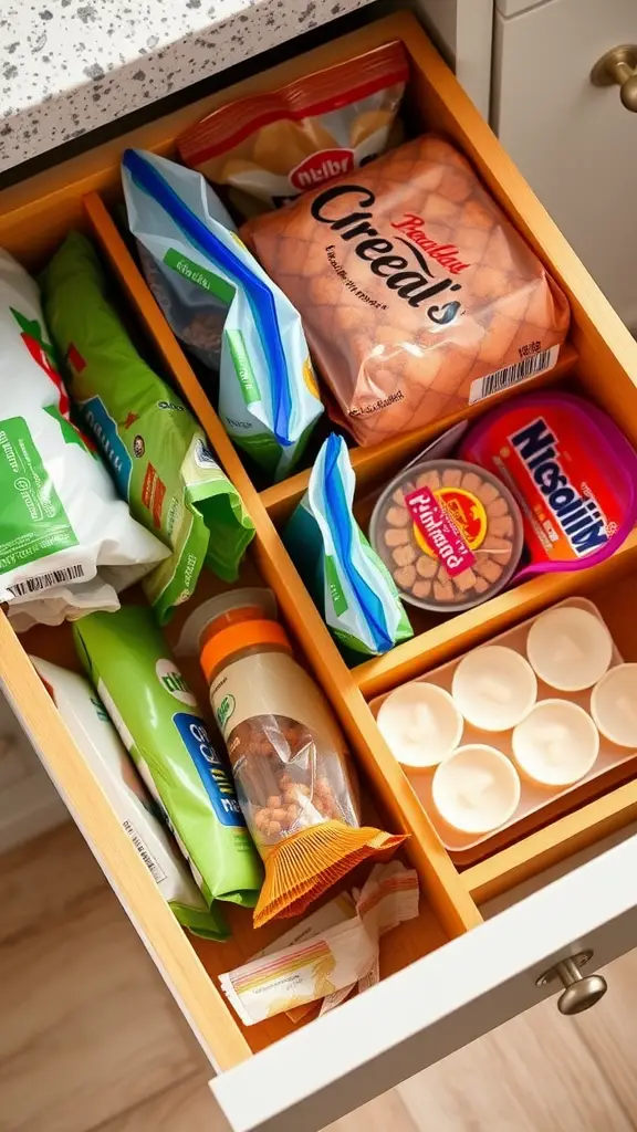 A neatly organized kitchen drawer filled with various food storage bags and snacks.