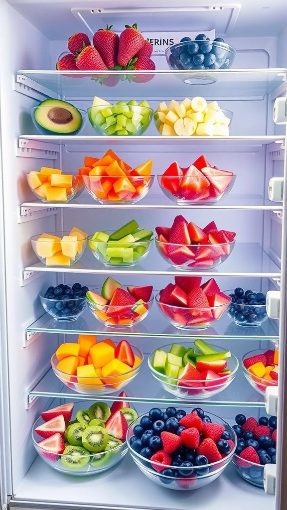 A fridge filled with colorful bowls of fresh fruits including strawberries, blueberries, kiwi, and melons.