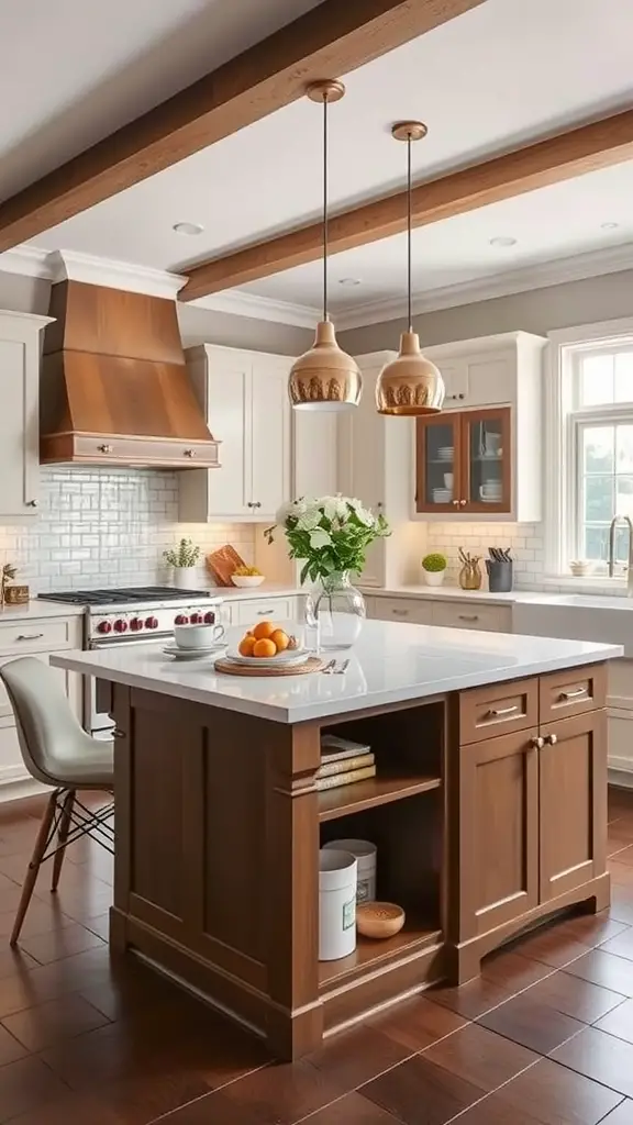 Stylish kitchen island with wood cabinetry and light countertops, featuring pendant lights and decorative items