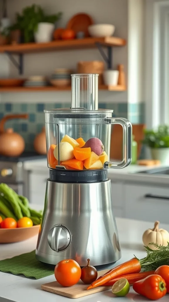 A food processor filled with chopped vegetables and citrus, surrounded by fresh ingredients on a kitchen counter.