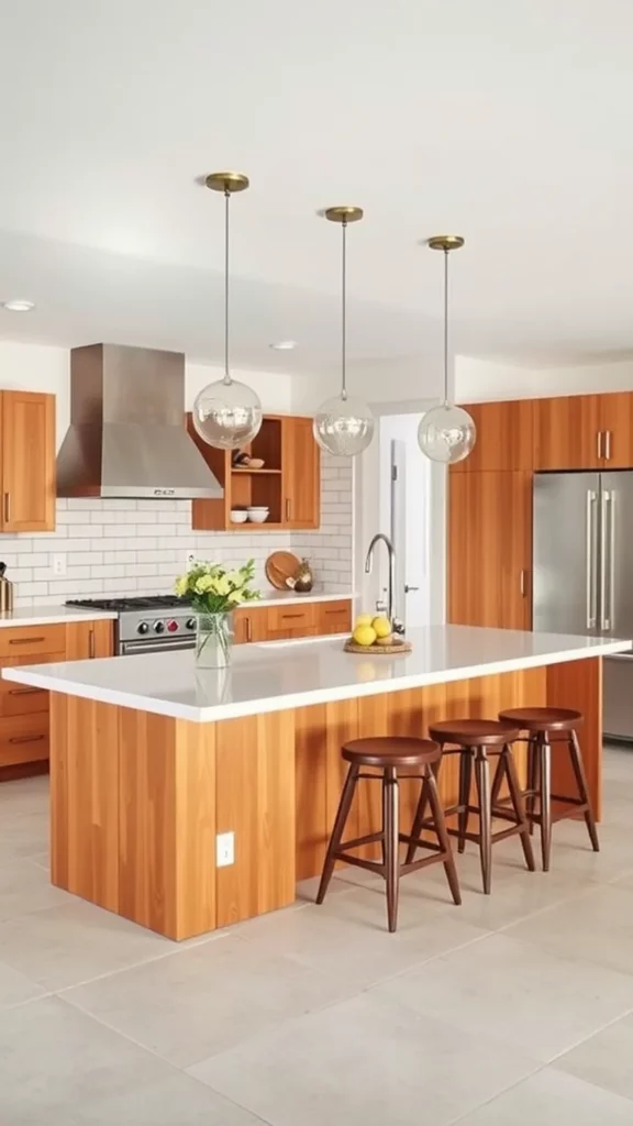 A modern kitchen with a wooden island and seating, featuring pendant lights above.