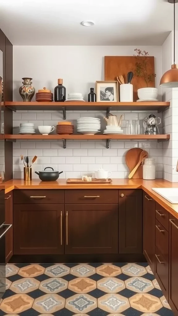 A kitchen with open shelving displaying various dishware and decorative items.