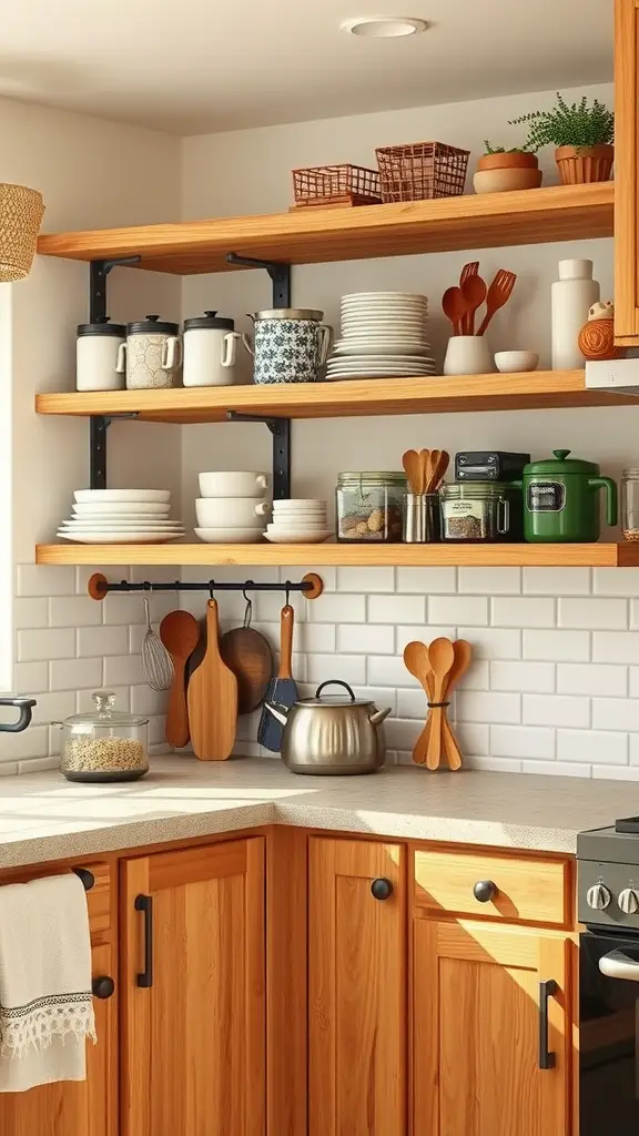 A cozy kitchen corner featuring wooden shelves with neatly arranged kitchen essentials like plates, utensils, and containers.