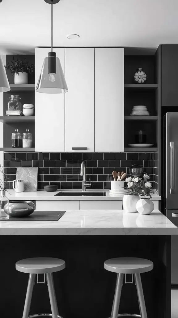 A modern kitchen with labeled work zones for efficient cooking and meal prep.