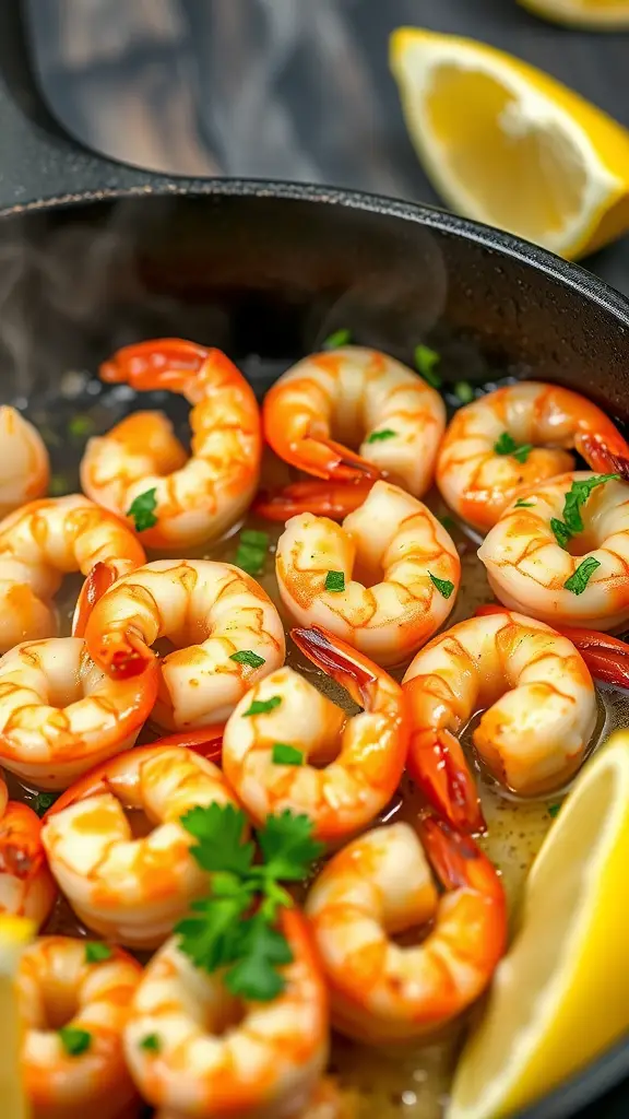 A close-up of shrimp cooked in garlic butter with herbs and lemon in a skillet.