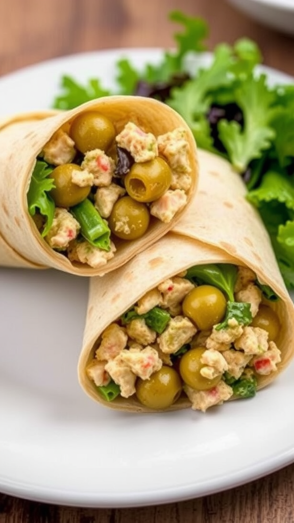 A close-up of a tuna salad wrap with green olives and leafy greens on a plate.