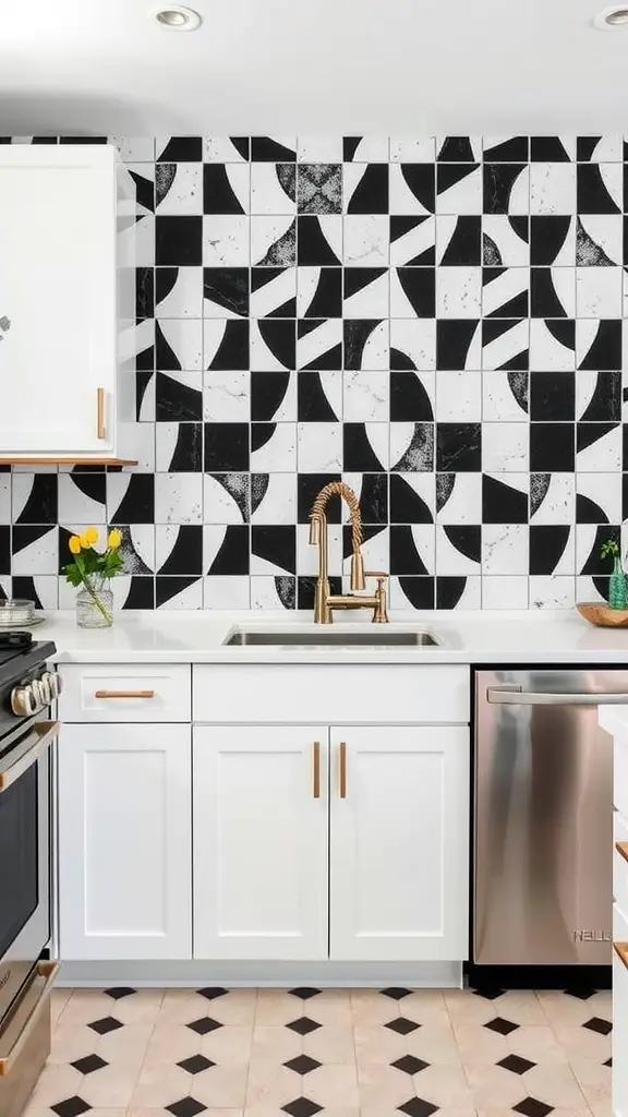 A modern kitchen featuring a black and white geometric tile backsplash.