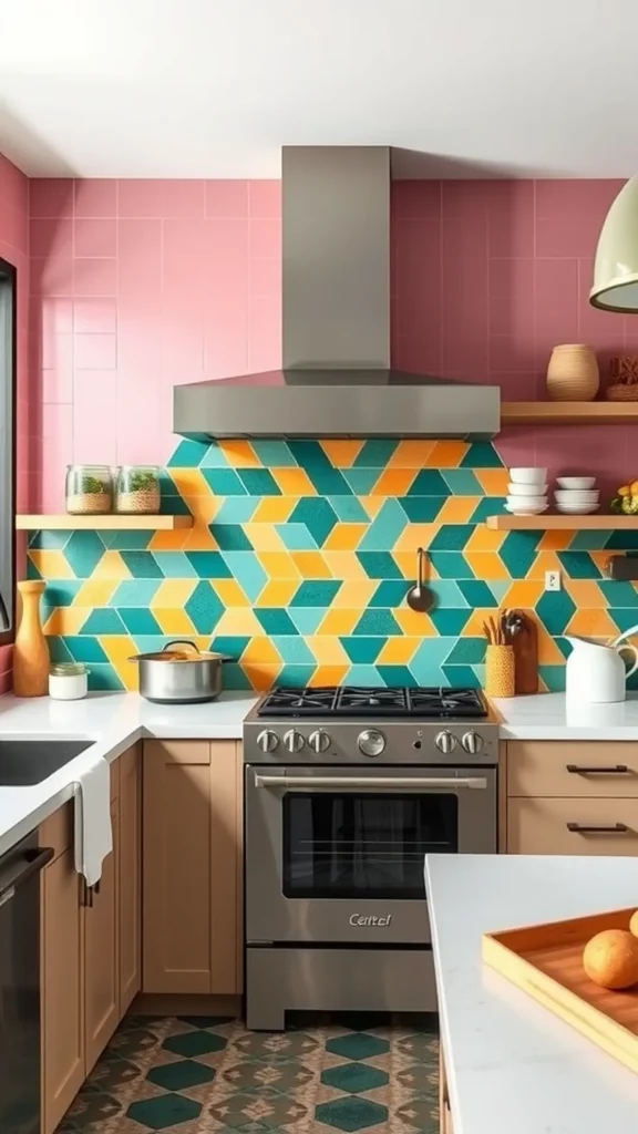 Colorful geometric backsplash in a modern kitchen with stove and cabinets