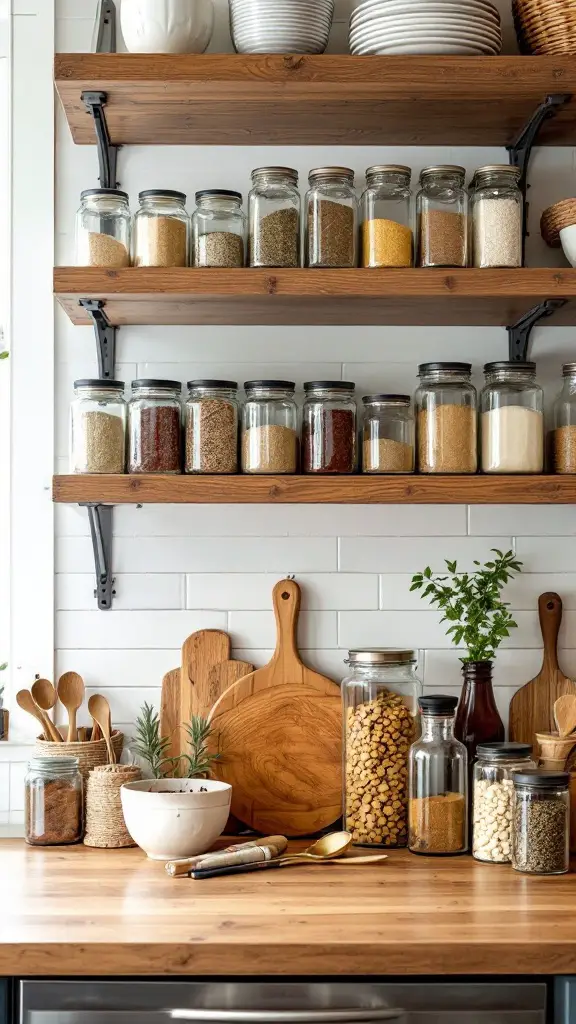 Open shelving displaying glass jars filled with spices and grains in a cozy kitchen.