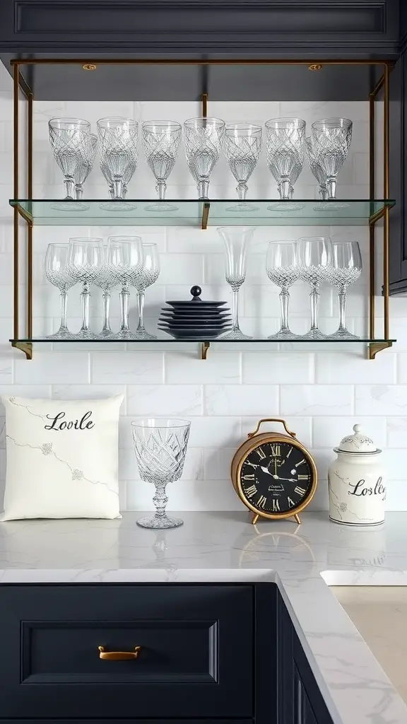 A stylish kitchen display featuring glass shelves with crystal glasses, a decorative pillow, a clock, and a ceramic canister.