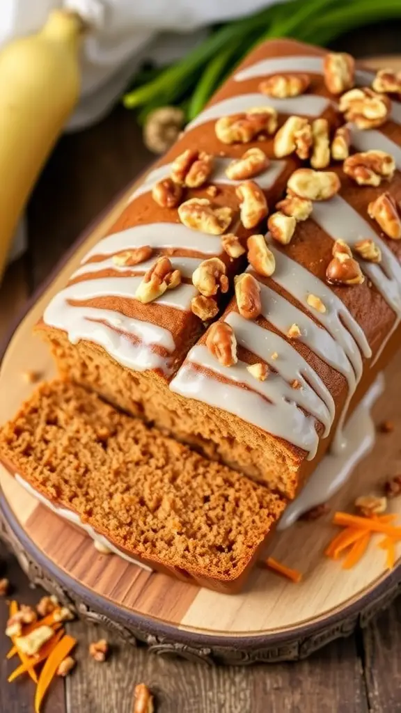 A sliced loaf of gluten-free banana carrot cake bread topped with icing and walnuts on a wooden platter.