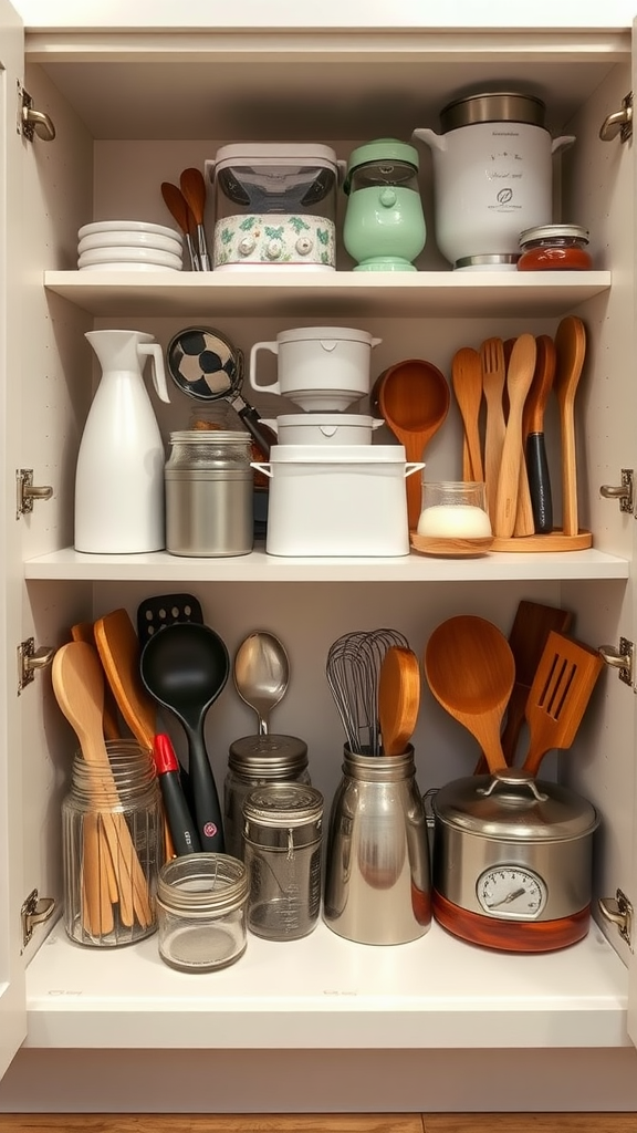 A neatly organized kitchen cabinet displaying various utensils, containers, and appliances.