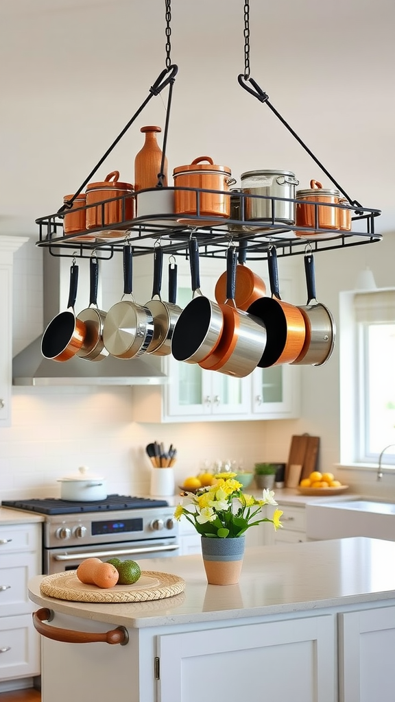 A stylish hanging pot rack above a kitchen island with various pots and pans, complemented by fresh ingredients and flowers.