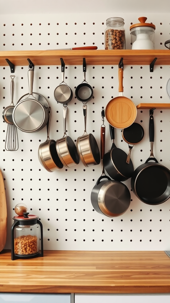 A kitchen with hanging pots and pans on a pegboard, showcasing a wooden shelf and neatly organized utensils.