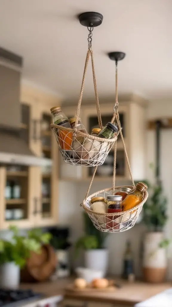 Hanging baskets filled with spices and sauces from the ceiling in a kitchen