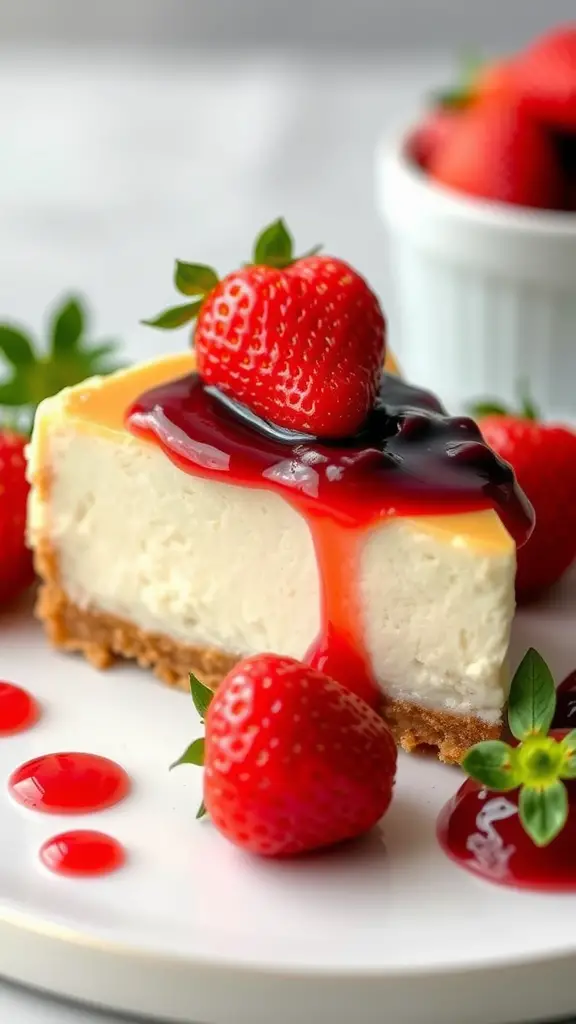 A slice of healthy cheesecake topped with strawberries and berry sauce on a plate.