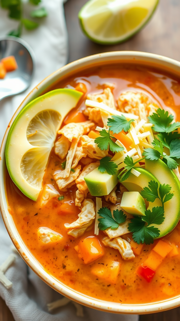 A bowl of healthy chicken tortilla soup topped with lime, cheese, and cilantro.