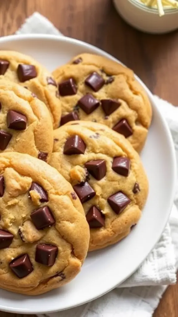 A plate of healthy chocolate chip cookies with chunks of chocolate.