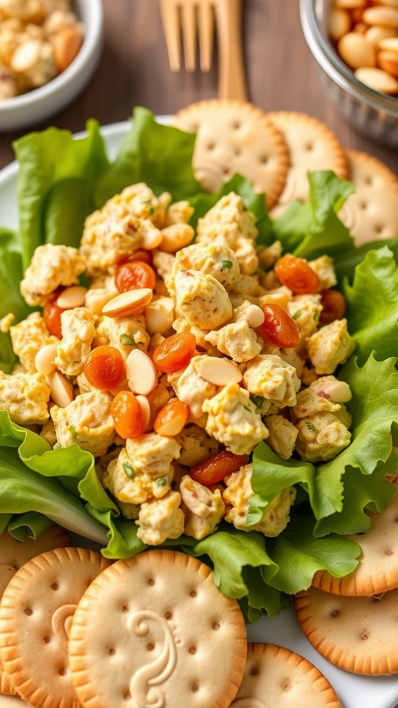 A colorful plate of healthy curried chicken salad with greens and crackers.