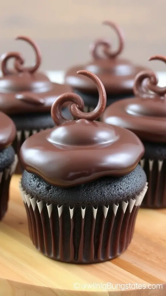 Delicious healthy dark chocolate cupcakes with glossy chocolate frosting