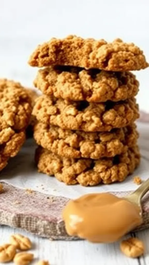 A stack of healthy peanut butter oatmeal cookies with a spoonful of peanut butter beside them.