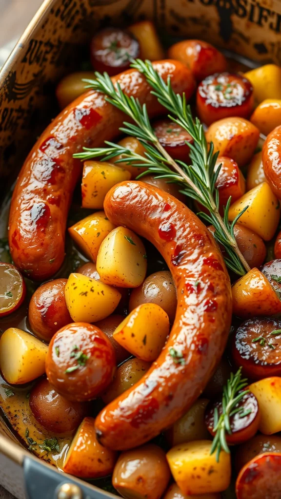 A close-up of herb-roasted sausage and potatoes with fresh rosemary