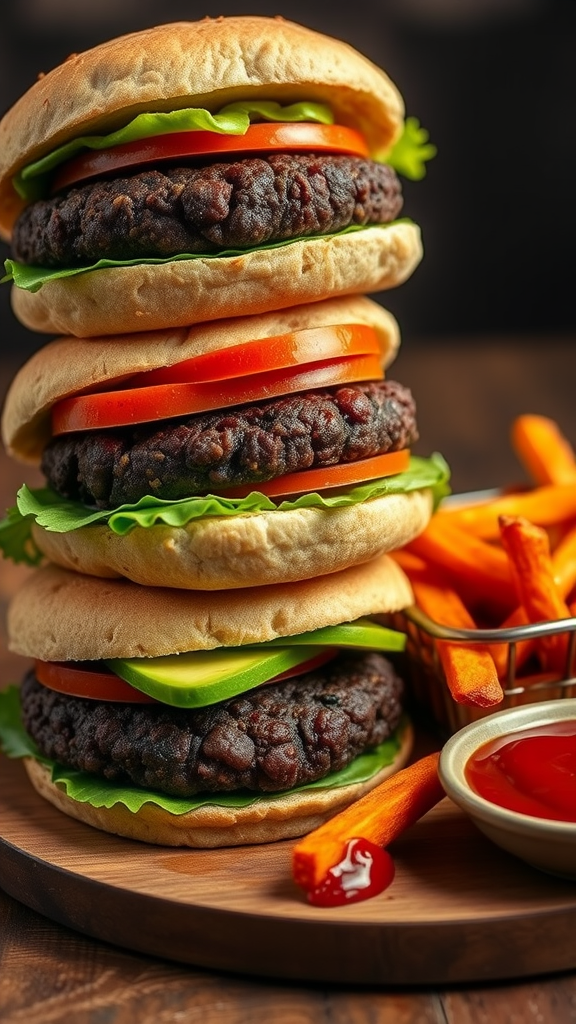 A stack of three high-protein black bean burgers with lettuce, tomato, and a side of sweet potato fries.