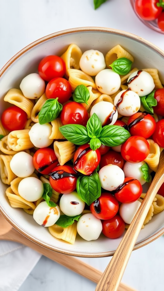 A bowl of Caprese pasta salad with cherry tomatoes, mozzarella balls, and fresh basil.