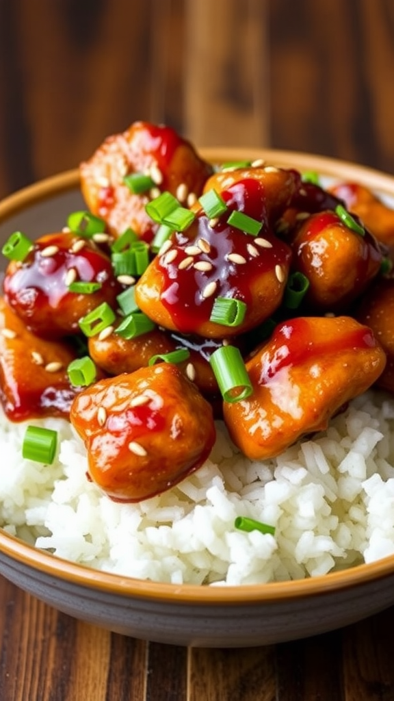 A bowl of honey garlic chicken served over rice, garnished with green onions and sesame seeds.