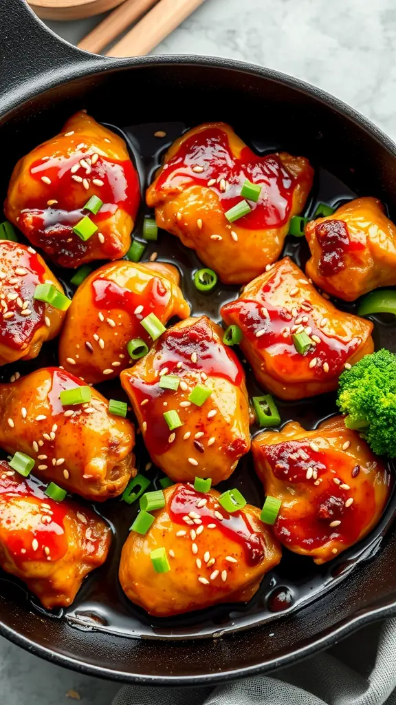 A close-up of honey garlic chicken with garnishes