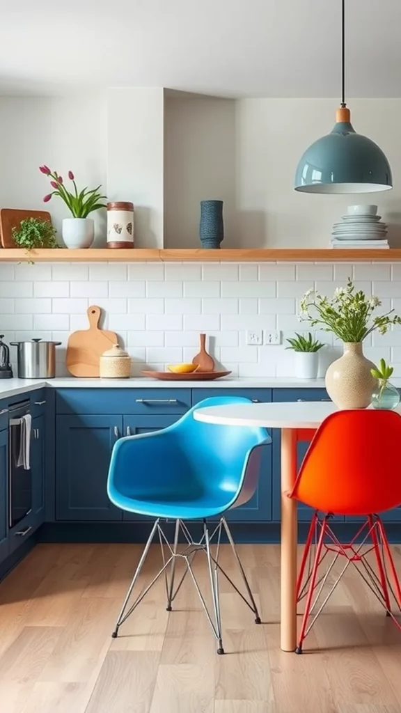 Stylish kitchen featuring Eames Molded Plastic Chairs in blue and red, set around a round table with wooden accents.