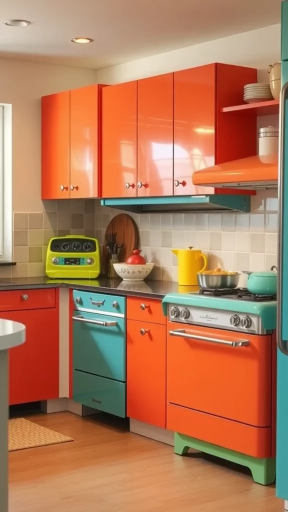 Vibrant mid-century kitchen with turquoise appliances and colorful dishware.