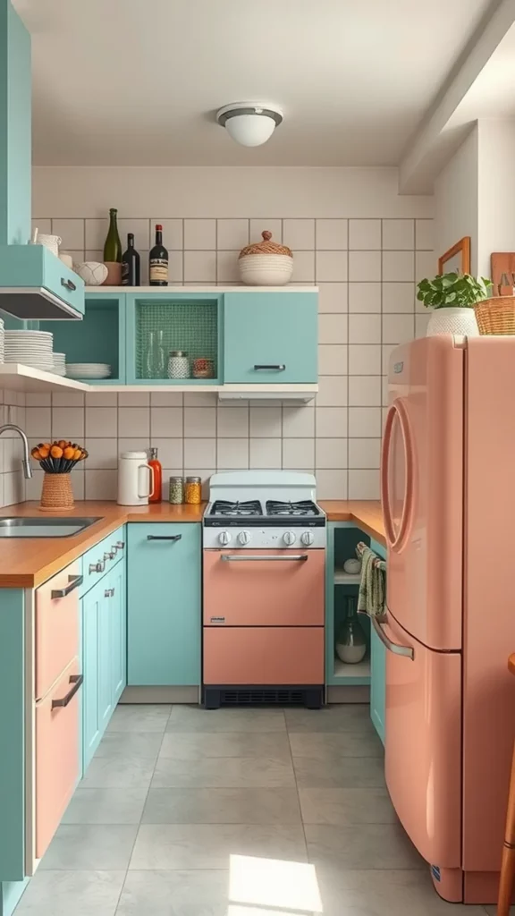 A cozy kitchen featuring retro appliances in mint green and soft pink colors.