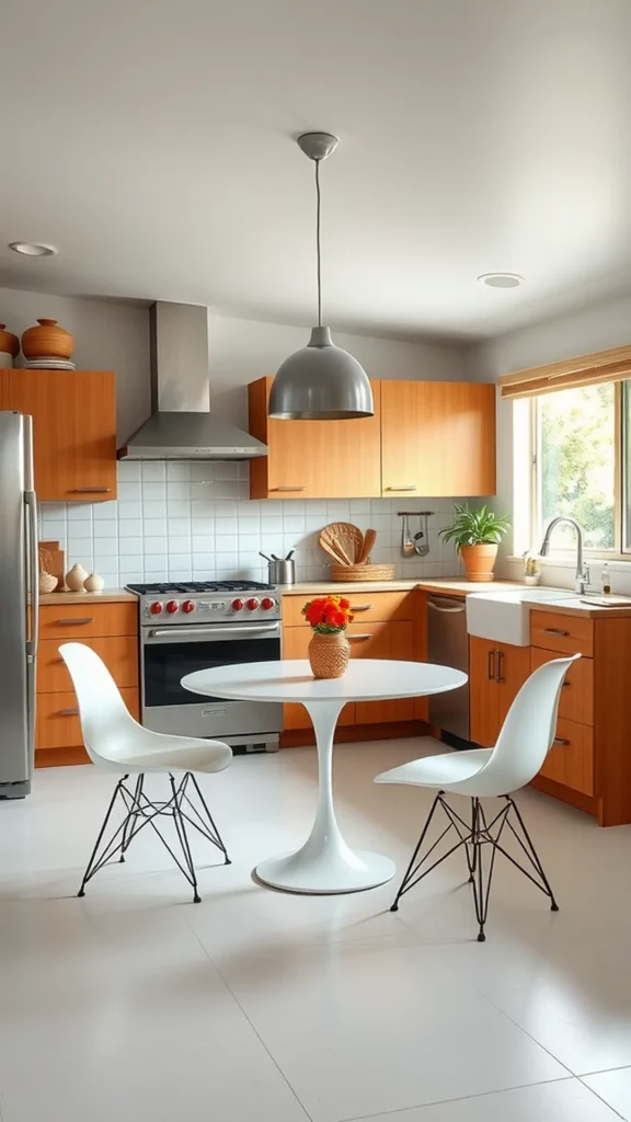 A modern kitchen featuring a round white dining table and two iconic chairs.