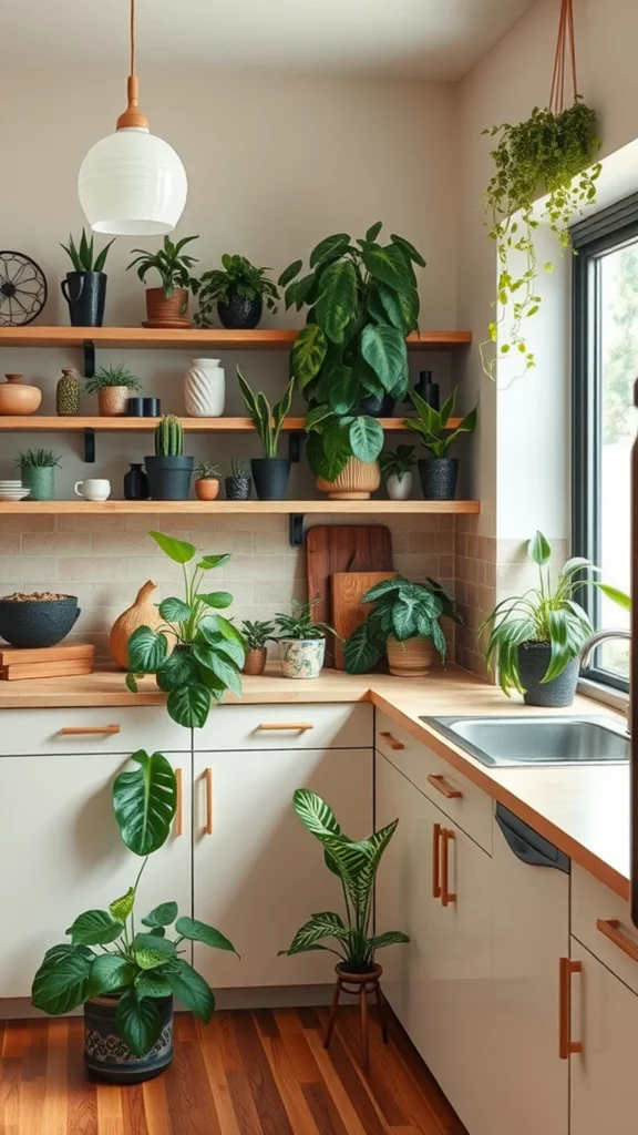 A cozy kitchen filled with various indoor plants on shelves and countertops.